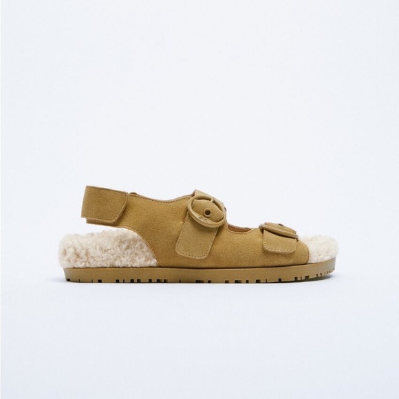 NWT. Zara Brown Faux Fur Lined Buckled Flat Leather Sandal. Size 8. - Picture 1 of 7